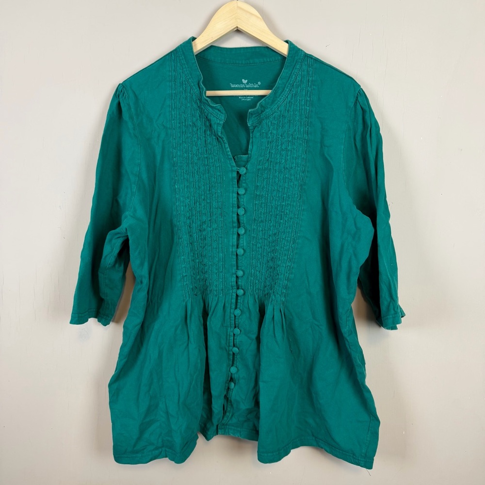 Woman Within Top 4X 2X Teal Green Cotton Knit Pintuck Pleat Short Elbow Sleeves